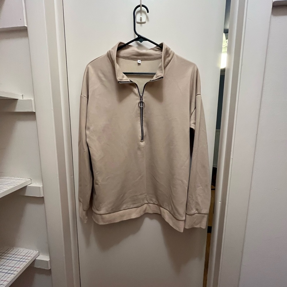 Tan Cozy Zip Up Sweater with Stand-Up Collar